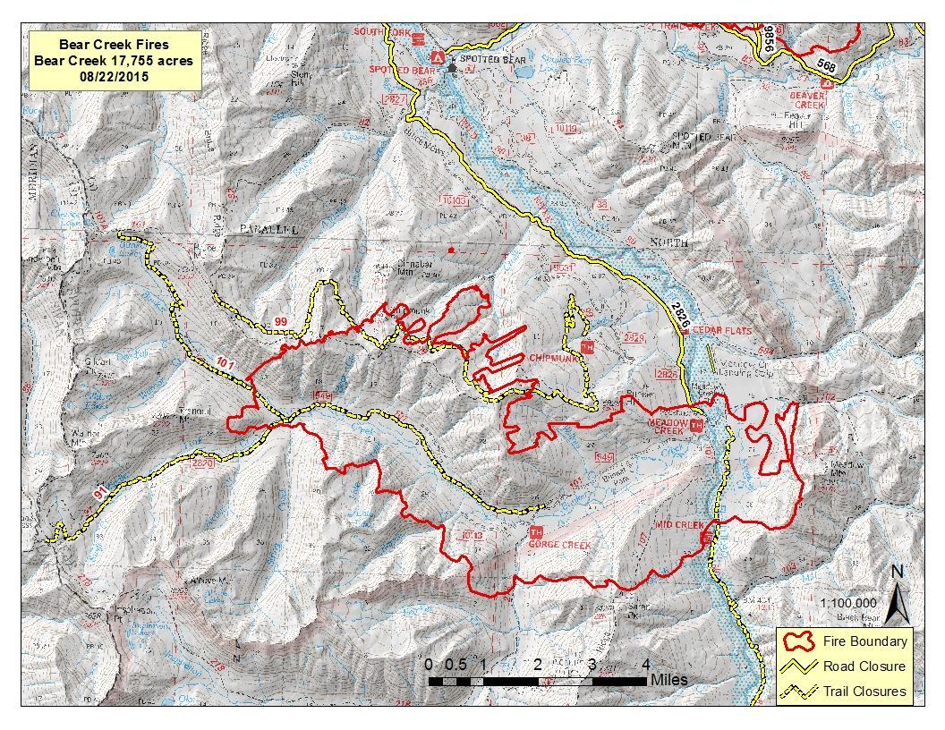 Bear Creek Fire Map, 22 Aug, 2015