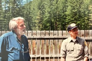 Pioneering bear biologist Chuck Jonkel, left, with Tim Manley in 1994 near Essex - Montana FWP